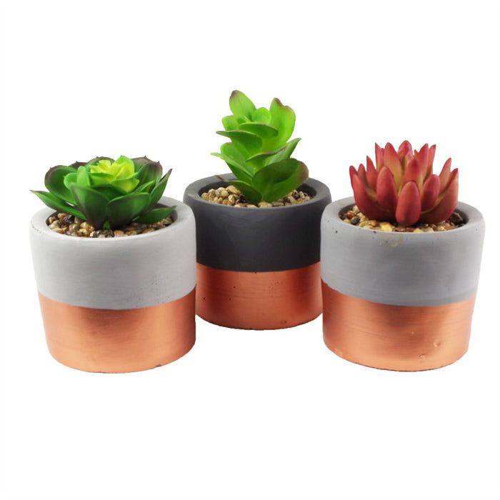 Premium 14cm Stoneware Mini Copper Band Planters w/ Artificial Succulents - Set of 3