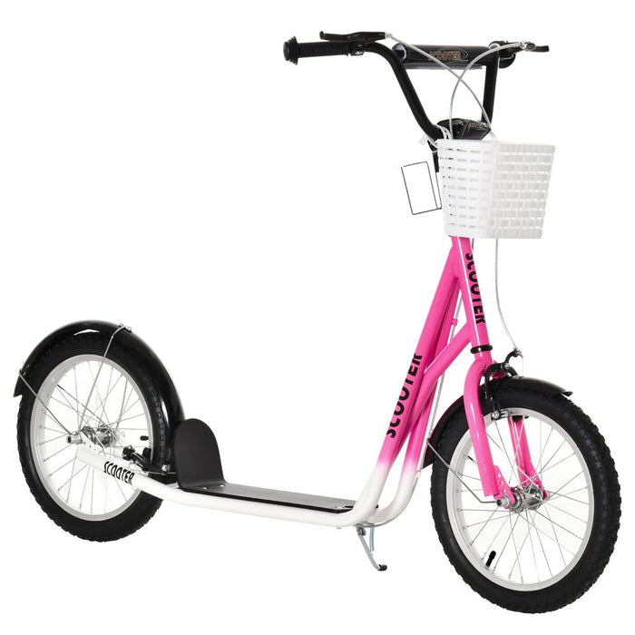 HOMCOM Kids Scooter Teen Ride On Children Scooter with Adjustable Handlebar 2 Brakes Basket Cupholder Mudguard 16" Inflatable Rubber Tyres for 5-12 years old Pink