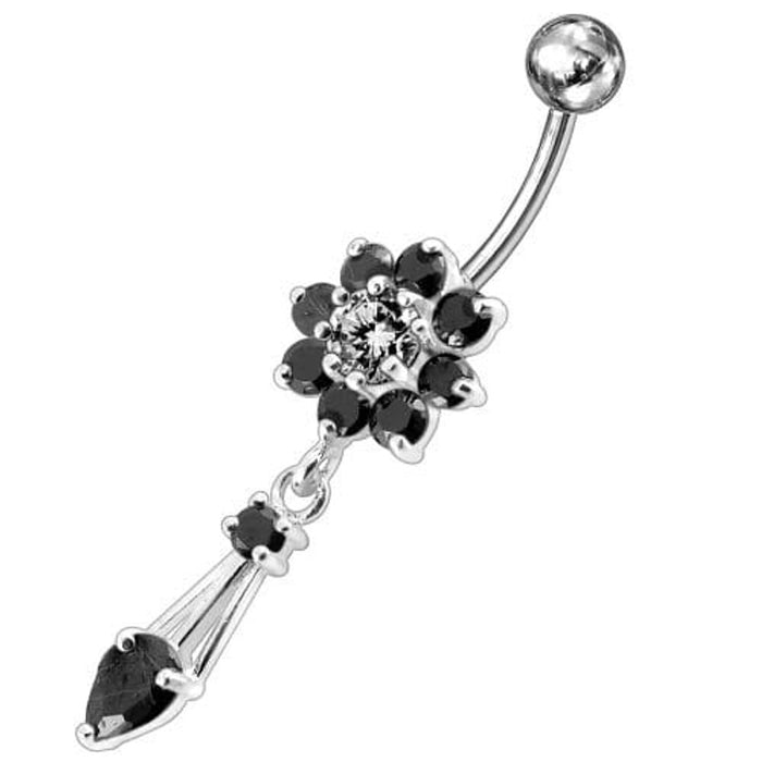 Jeweled Fancy Flower Dangling SS Banana Bar Navel Ring