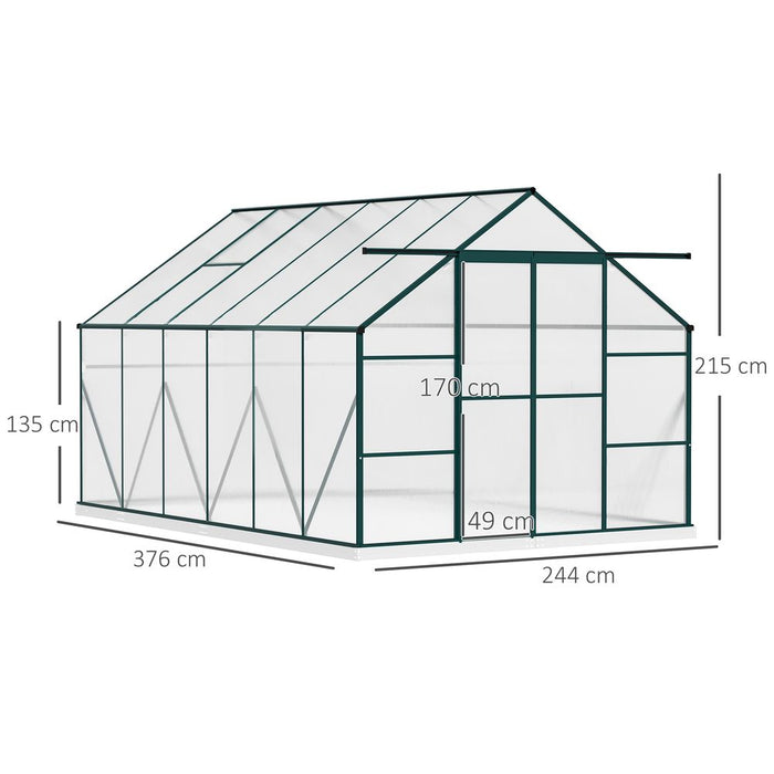 Outsunny 8 x 12ft Aluminium Greenhouse Polycarbonate Walk-in Garden Greenhouse Kit with Adjustable Roof Vent, Double Sliding Door, Rain Gutter and Foundation, Clear