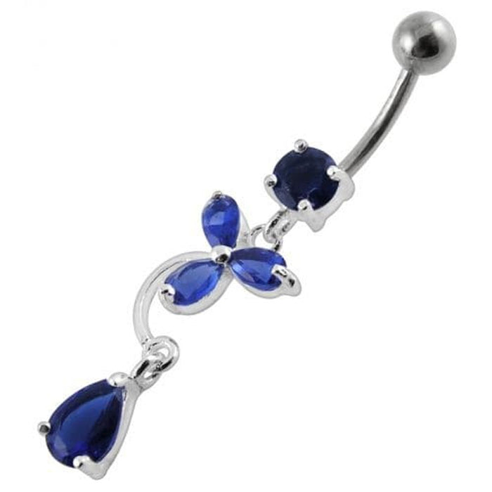 Fancy Flower Jeweled Dangling Banana Bar Belly Ring