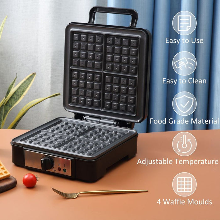 Premium Cast Iron Waffle Maker - Cook 4 Delicious Waffles at Once - Non-Stick Coating - Adjustable Temperature - 1200W