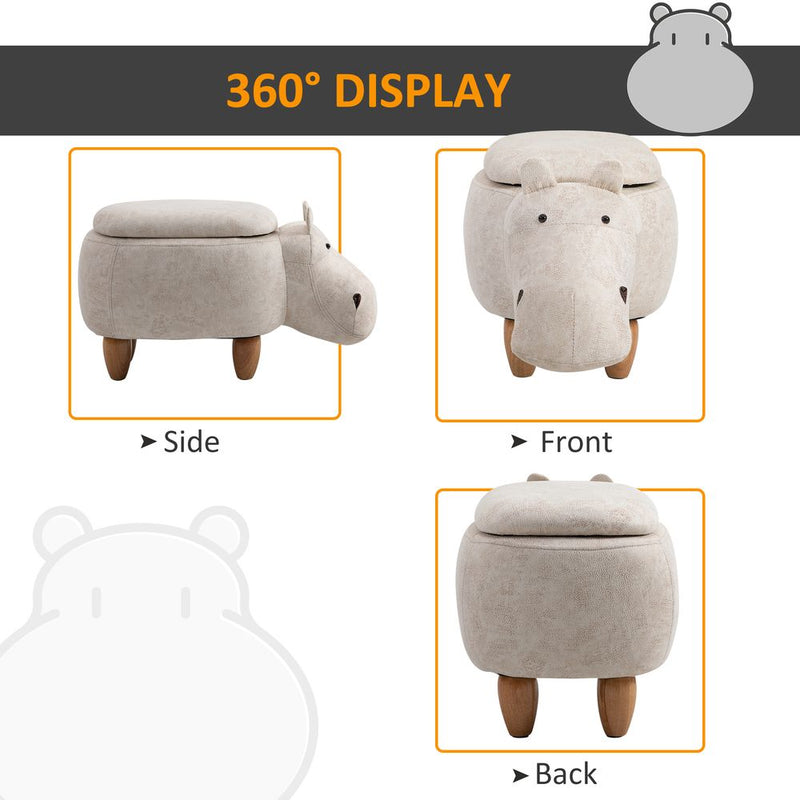 HOMCOM Hippo Storage Stool | Cute Footrest | Wood Frame Legs | Cream