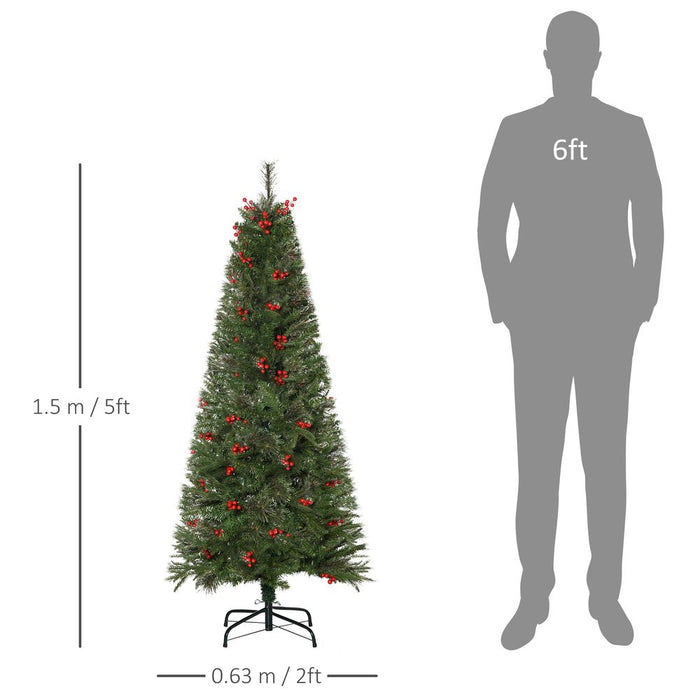 Sleek 5ft Artificial Christmas Tree, Pencil Shape, with Berries - HOMCOM