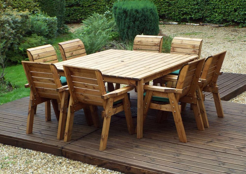 Outdoor Eight Seater Table Set - Solid Wood, Armchairs, Large Square Table, FSC Certified, Rot Free Guarantee