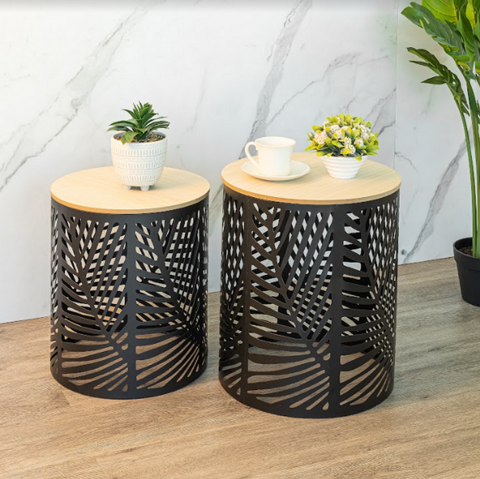 Premium Leaf Cut Basket Table Set - SLENDER - 2-Pack | Professional Quality | Iron + MDF | Classic Black