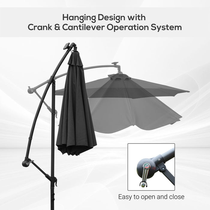 Outsunny 3(m) Banana Cantilever Parasol with Solar LED Lights, Garden Umbrella with Cross Base and Crank Handle, Hanging Offset Sun Shade for Outdoor, Patio, Black