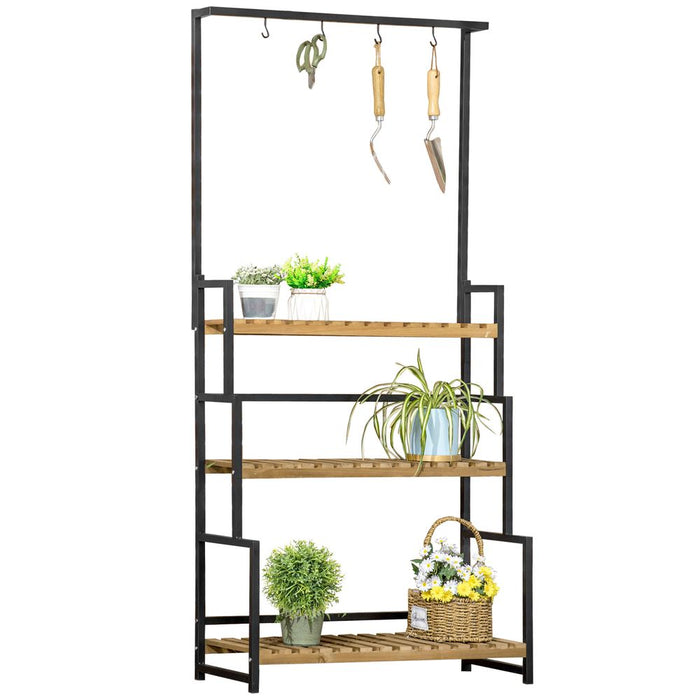 3-Tiered Plant Stand Rack | Hanging Hooks | Indoor Outdoor Decoration