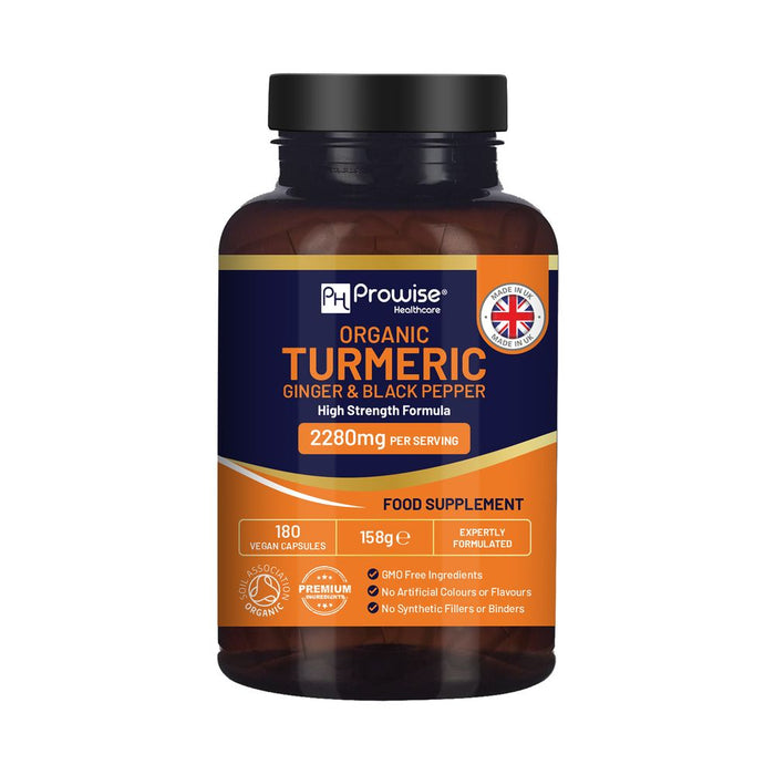 Organic Turmeric 2280mg (High Strength) with Black Pepper & Ginger - 180 Vegan Capsules