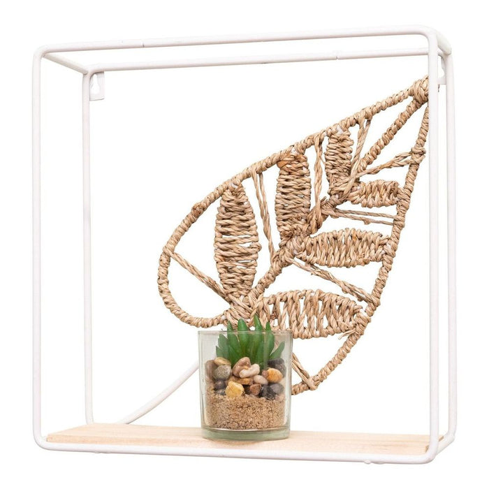 Woven Leaf Design Shelf 30cm - White Wire Frame - Seagrass - Wall Art - Decoration and Storage - MDF Shelf - WF2480