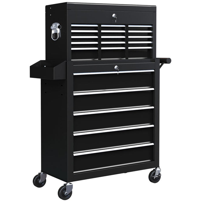 HOMCOM Rolling Tool Chest Lockable Roller Cabinet with with 14 Drawers Black