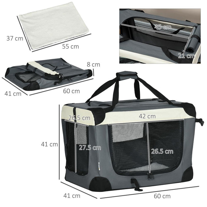 60cm Foldable Pet Carrier w/ Cushion - Grey Pawhut