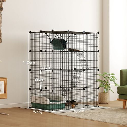 PawHut 4-Tier Cat Cage Indoor, DIY Cat Playpen with Hammock, Ramps, 5 Doors