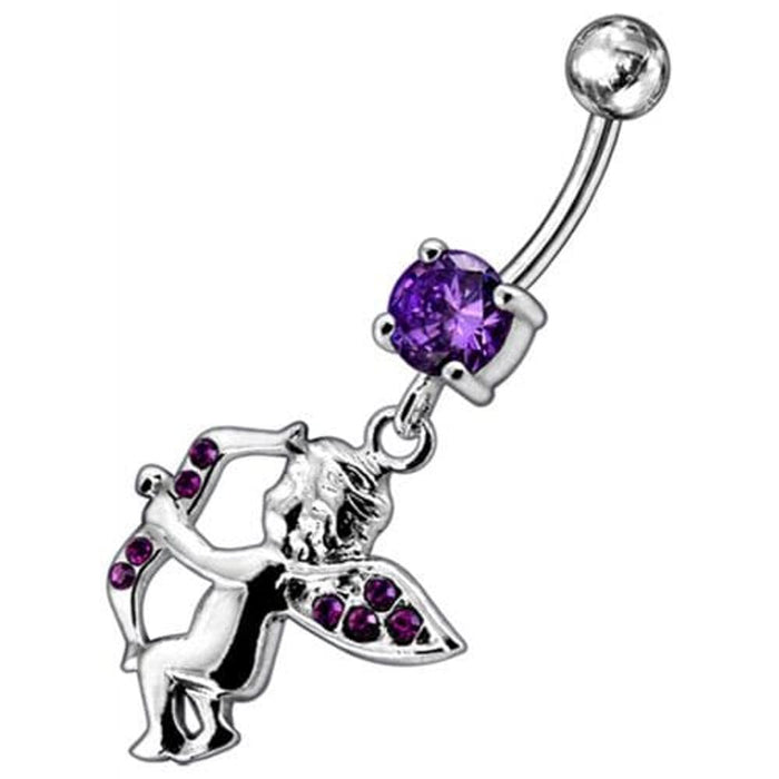 Jeweled Fancy  Angel Silver Dangling SS Bar Curved Belly Ring