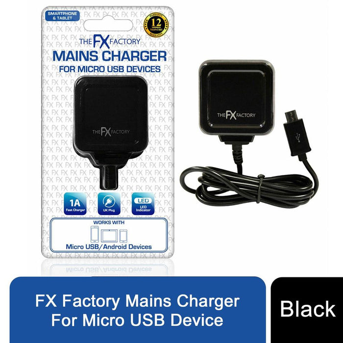 FX Factory Micro USB Fast Charger for Android - 1A Mains Charger - RoHS Certified & CE Approved