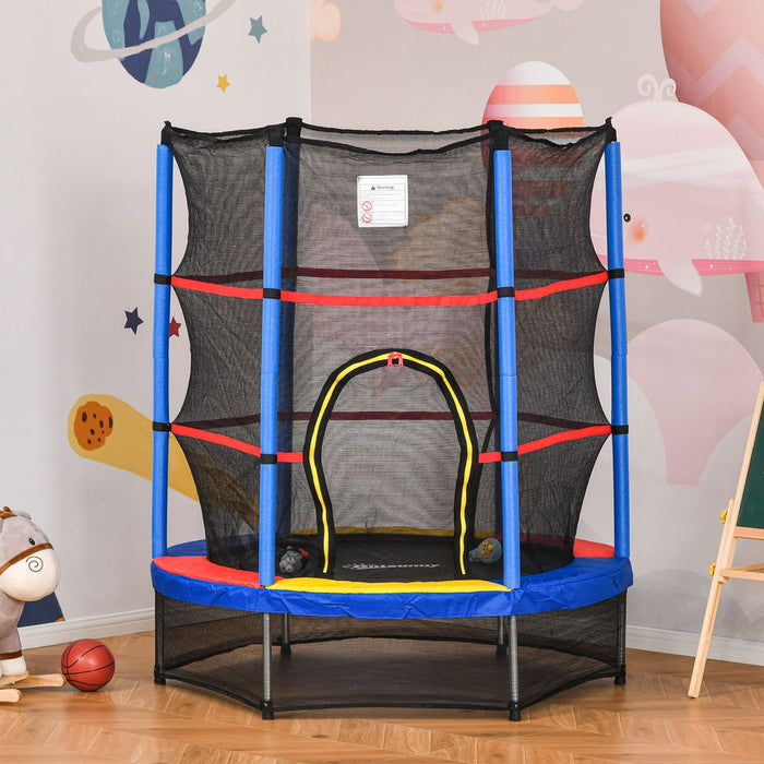 HOMCOM 4.6FT/55 Inch Kids Trampoline Indoor Round Bouncer Rebounder w/Enclosure Net, Steel Frame, for Ages 3-6 Years - Multi Colour