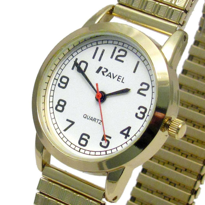 Ravel Ladies White Dial Gold Bracelet Watch - Bold Numbers & Expander - R0232.12.2