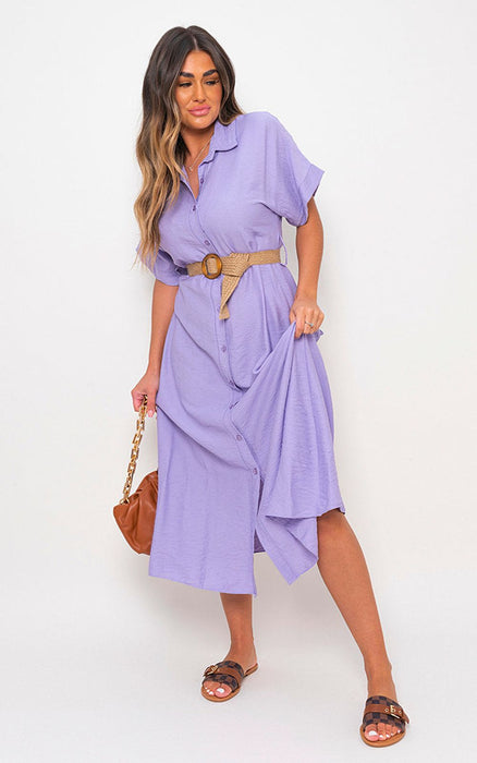 Syeda Button Down Collared Dress: Chic & Fashion-Forward Midi with Belt Detail