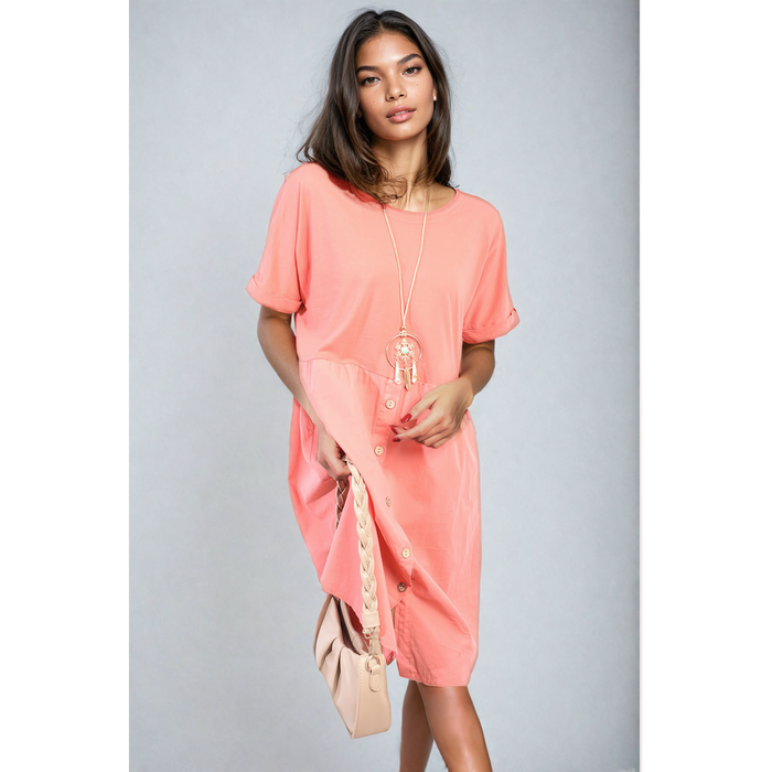 Short Sleeve Button Front Midi Dress