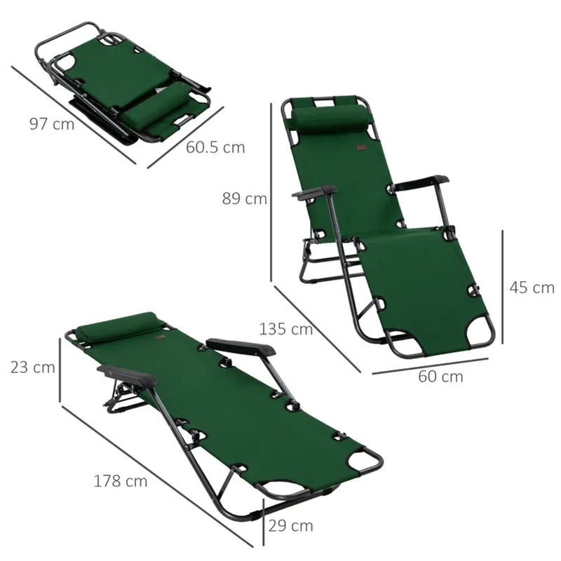 Premium Outsunny 2-in-1 Outdoor Folding Sun Lounger | Adjustable Back & Pillow | Green