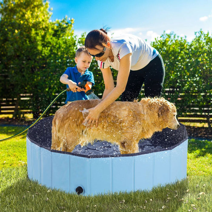 PawHut Foldable Dog Paddling Pool Pet Cat Swimming Pool Indoor/Outdoor Collapsible Summer Bathing Tub Shower Tub Puppy Washer (Blue, Φ120 × 30H cm)