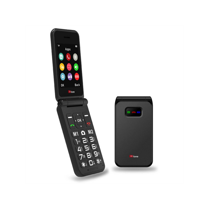 TTfone Black Flip 4G Mobile - Big Button & Emergency Button. Mains Charger & Vodafone Pay As You Go