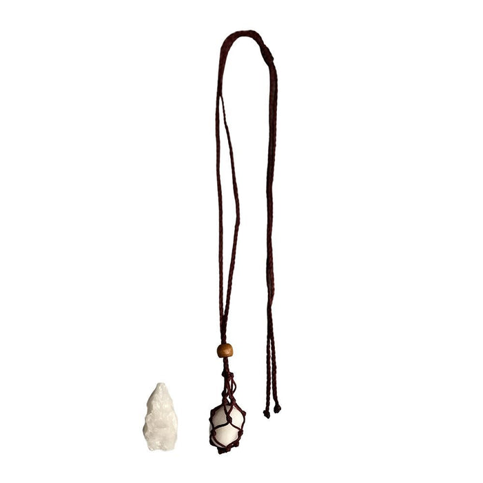 Macrame Necklace, White Agate Tumbled, with White Agate Rough Cut