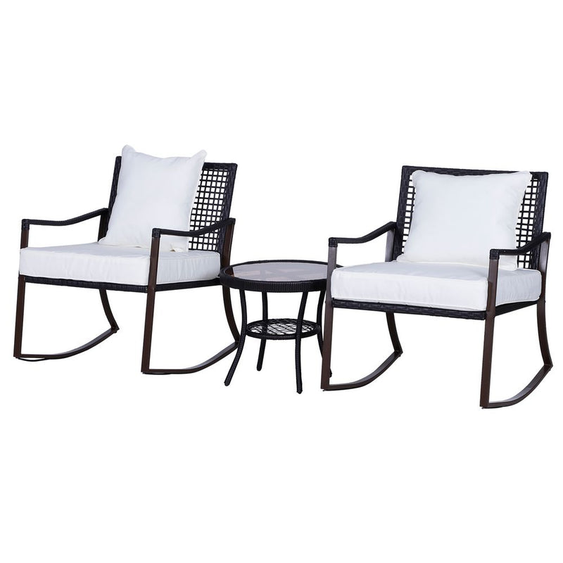 Outdoor Rocking Chair Bistro Set - 3PCS - Brown/Cream - Free Cushions