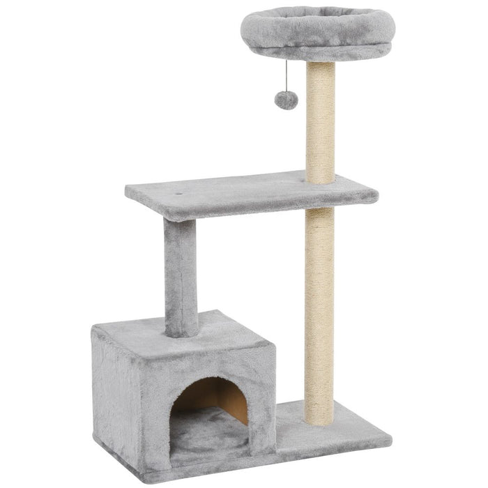 PawHut 96cm Cat Tree Condo Sisal Scratching Post Cat Tower Kitten Play House Dangling Ball Activity Center Furniture Grey