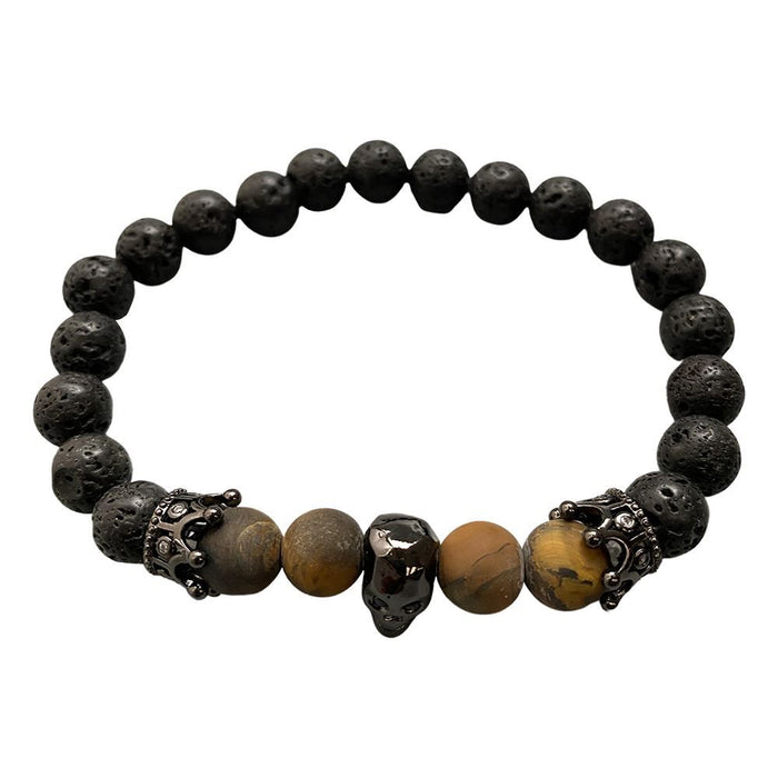 Edgy & Bold Skull Bracelet: Metallic Charm, Hematite, Lava & Wood Beads - Make a statement with our unique accessory!