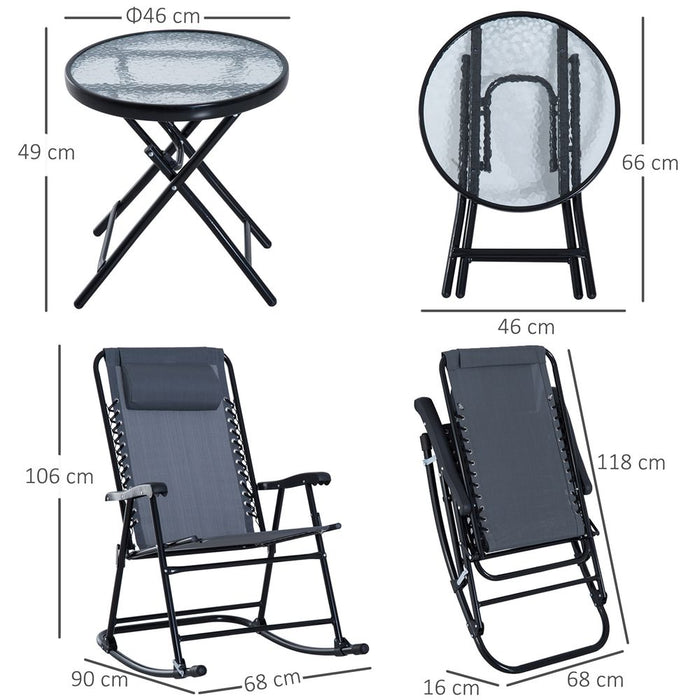 3 Piece Rocking Bistro Set, 2 Folding Chairs & 1 Tempered Glass Table, Grey