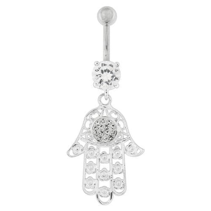 Hamsa Hand with Flowers Dangling Belly Button Ring