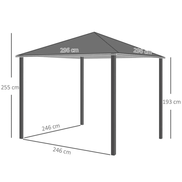 Spacious 2.6m Outdoor Gazebo, Steel Wood Grain Frame, Mesh Curtain Sidewalls, Sun Shelter