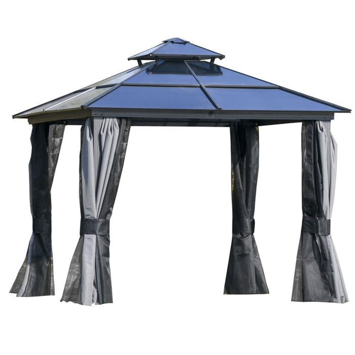 3x3m Hardtop Gazebo Canopy Double-Tier Steel Frame, Curtains & Net