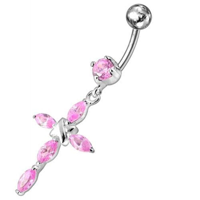 Jeweled Fancy Silver Flower Dangling SS Bar Banana Belly Ring