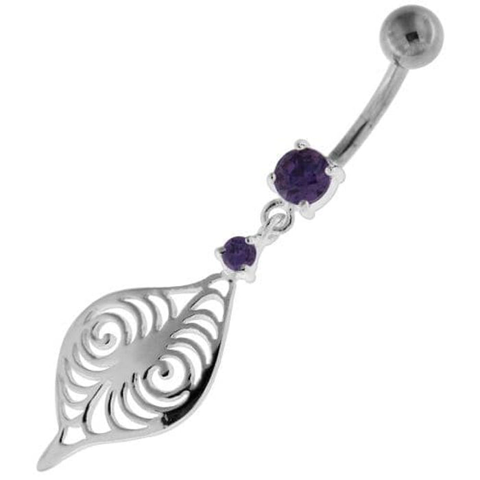 Flower Leaf Jeweled Sterling Silver Navel Belly Button Bar