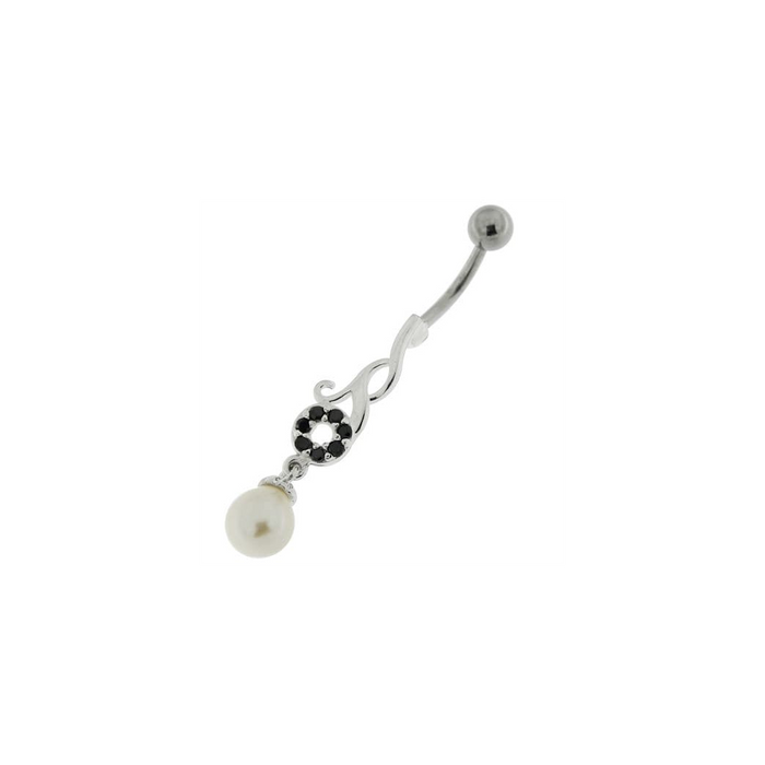 Jeweled Fancy Pearl Dangling Steel Banana Bar Navel Belly Ring