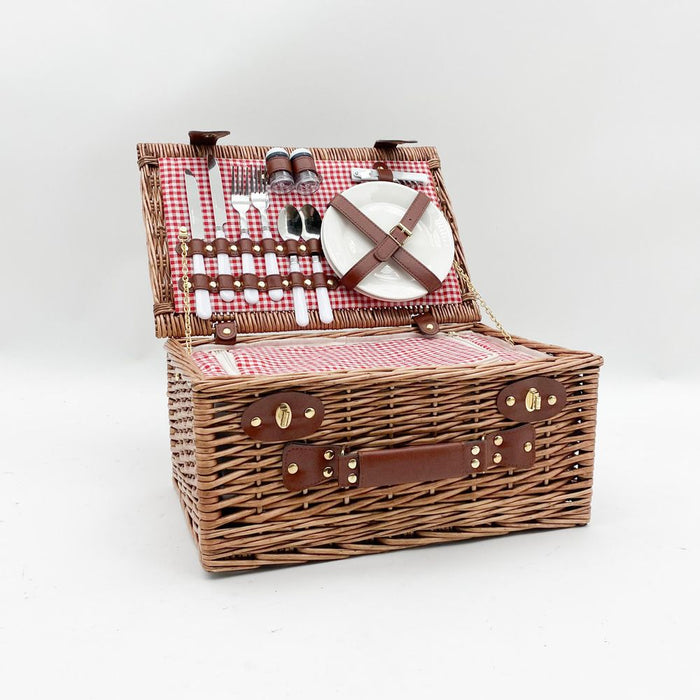 Premium Willow Picnic Basket - 42CM Size. Removable Cooler Bag, Cutlery, Plates, Bottle Opener. High-Quality Wicker. Hand Finished.