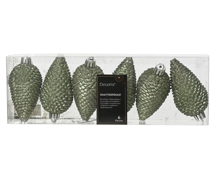 Shatterproof Rosemary Green Glitter Pine Cone  8cm Pack of 6 - Christmas Tree Decoration