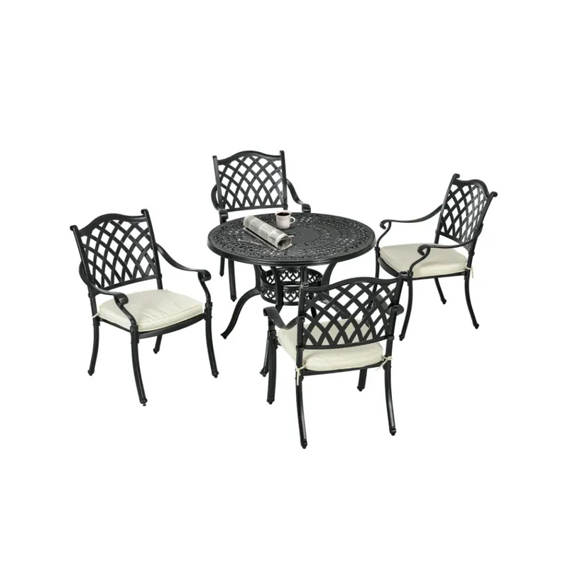 Premium Quality 4 Seater Dining Set | Cushions Included | Round Table with Parasol Hole | Bronze Finish