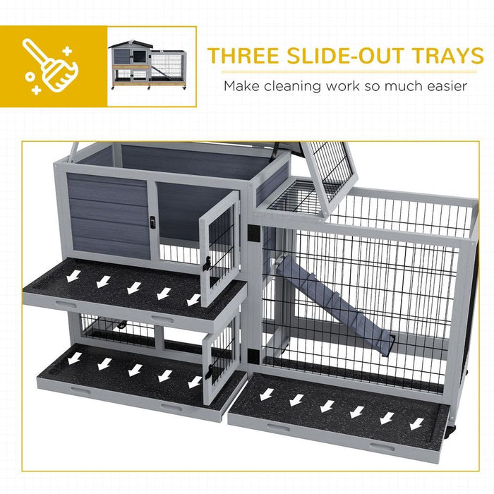 PawHut Large Rabbit hutch Outdoor Indoor w/ Wheels, Three Slide-Out Trays, Ramp