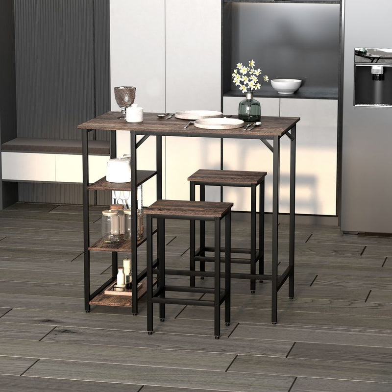 Industrial Bar Height Dining Set: 3PC Table, 2 Stools, Side Shelf - Sturdy & Stylish
