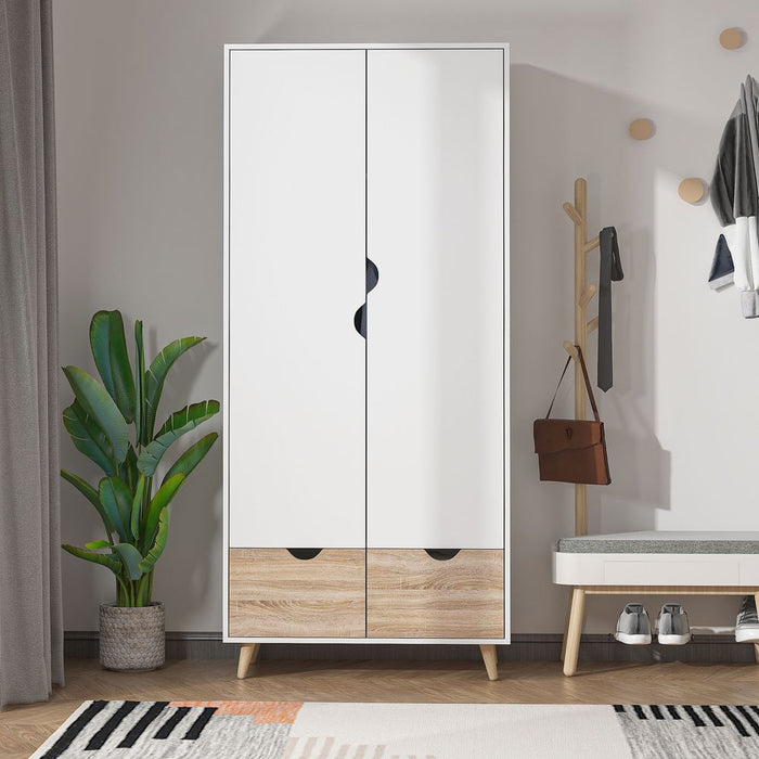 Premium Particle Board 2-Drawer Wardrobe | White/Oak | Spacious & Durable | HOMCOM