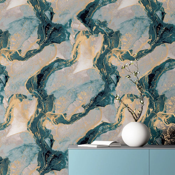 Luxury Abstract Marble Teal/Gold Sw12 Wall Art