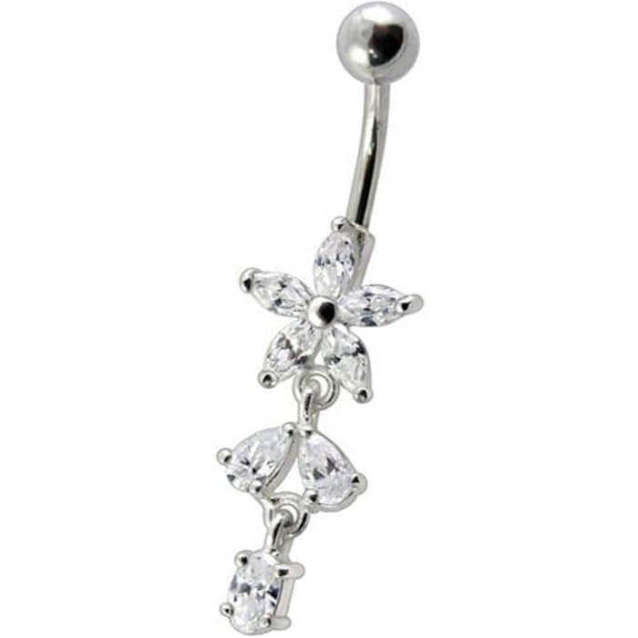 Fancy Non Moving Silver Flower Dangling SS Bar Belly Ring