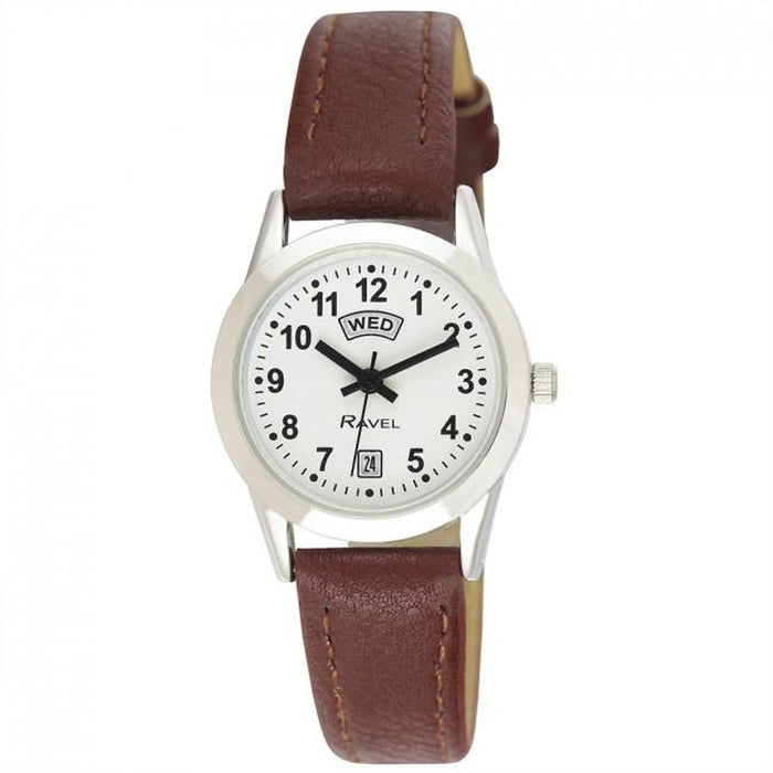 Ravel Womens Stainless Steel Day/Date Brown Faux Leather Strap Watch R0706.41.2