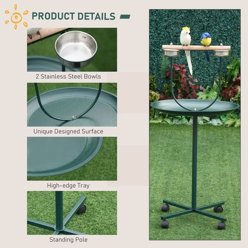 PawHut Bird Perch Stand, T-Stand Bird Training with Perch, Wheels, Bowls, Green