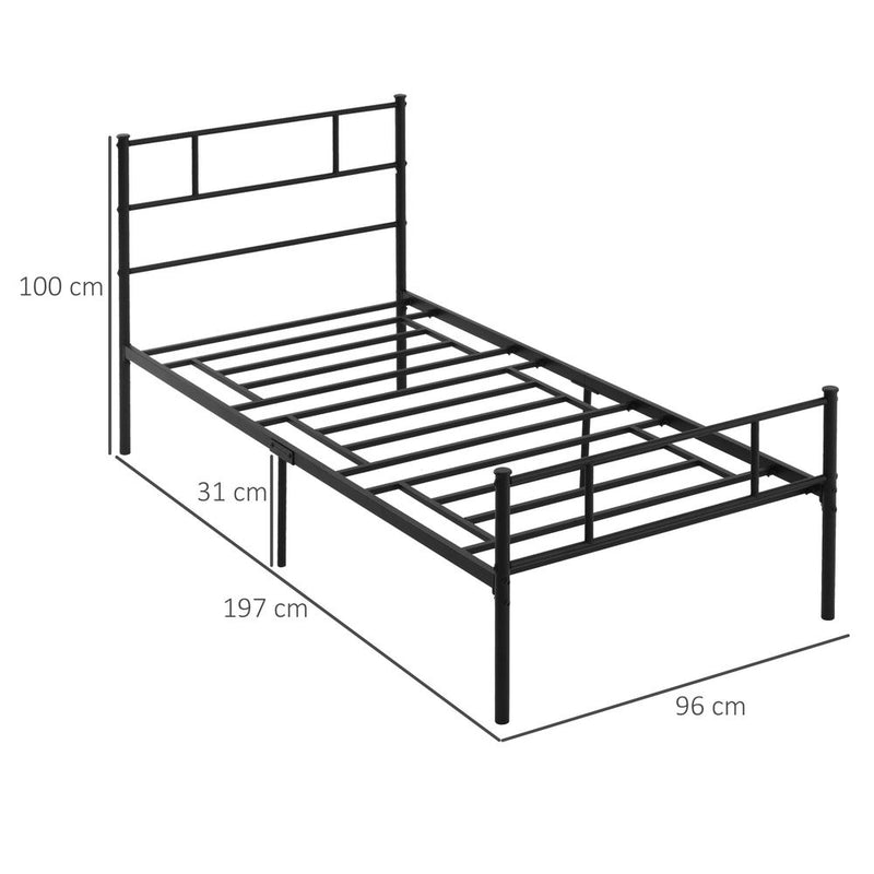 HOMCOM Single Metal Bed Frame Solid Bedstead Base with Headboard and Footboard, Metal Slat Support and Underbed Storage Space, Bedroom Furniture, Black