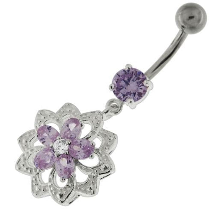 Jeweled Filigree Flower Sterling Silver Belly Button Ring