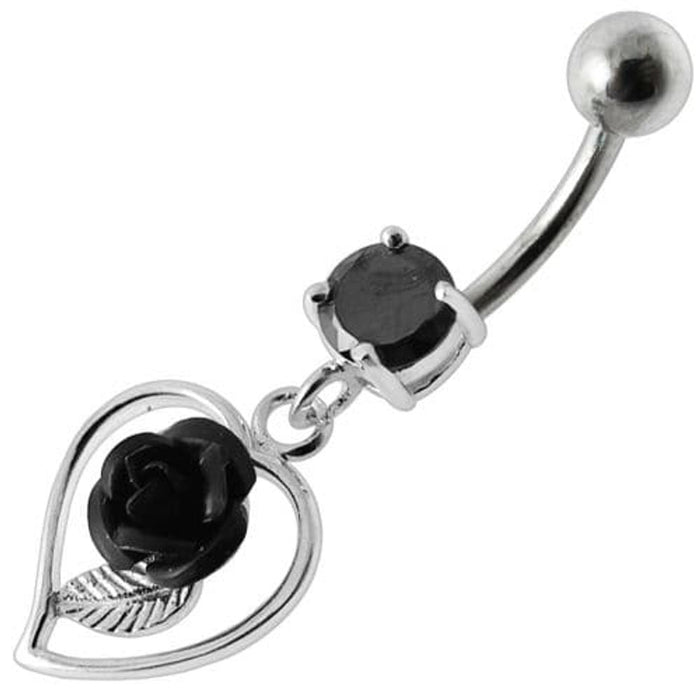 Rose in Heart Jeweled Dangling Belly Ring